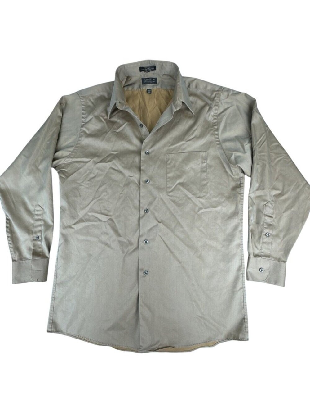 Arrow Wrinkle-Free Mens Beige Long Sleeve Button-Up Shirt Size 15 32/33 Medium